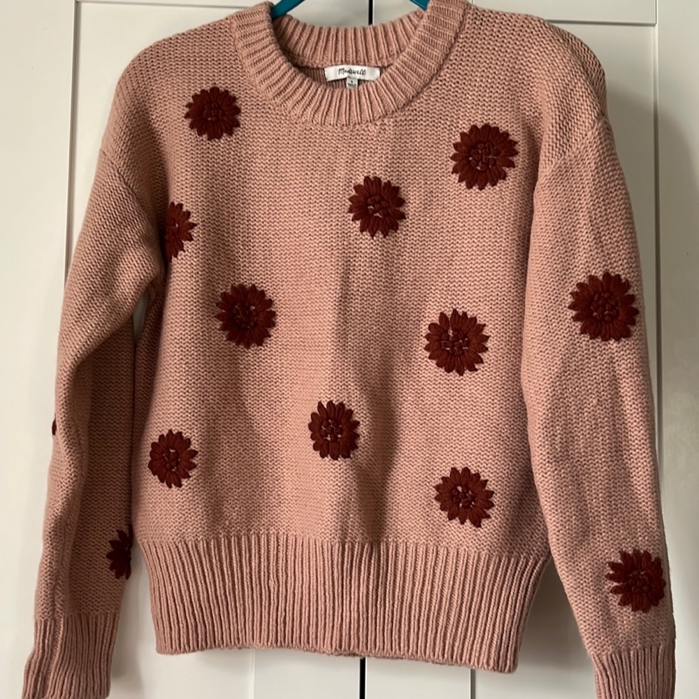 Madewell sweater, pink with embroidered flowers
